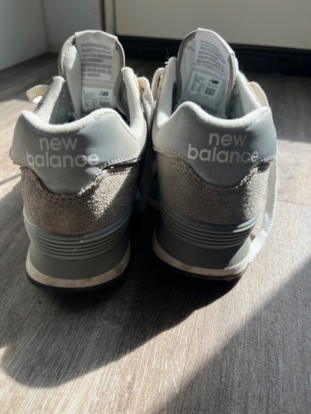 Men’s New Balance 574 Taupe and Light Gray Suede Mesh Sneakers - Picture 6 of 7